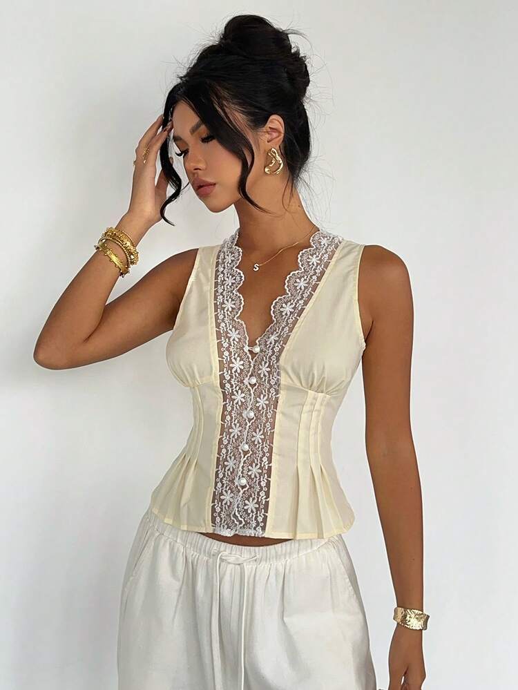 Women's Contrast Lace Sleeveless Cropped Pleated Tank Top, Elegant Formal Vacation Summer Vest