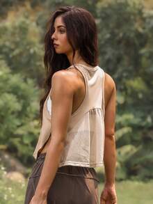 WanderVale 女士网眼拼接宽松运动背心 - 杏色 - 查看 1