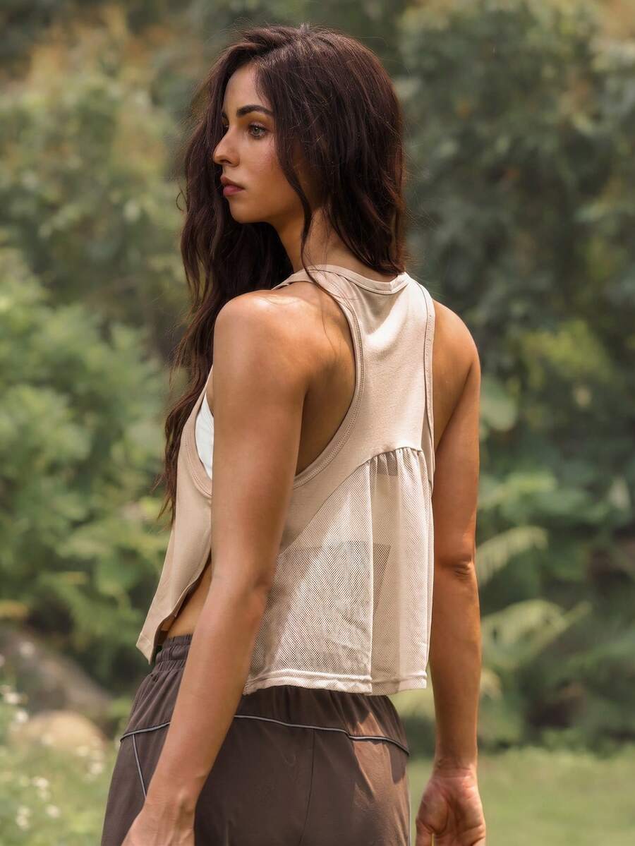 WanderVale 女士网眼拼接宽松运动背心 - 杏色 - 查看 1