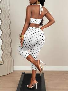 SHEIN BamGlam Bộ đồ nữ 2 mảnh mùa xuân/hè mới, trang phục thường ngày tối giản cho mùa hè, bộ đồ phối hợp đơn giản cho nữ, trang phục chấm bi mùa hè cho nữ, bộ đồ chấm bi trắng thường ngày cho nữ. - trắng - Xem 6