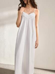 Ocili Camisón de mujer con diseño de encaje calado y bordado floral de algodón, vestido de ropa de dormir para damas - Azul - Ver 5