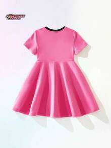 THE POWERPUFF GIRLS X SHEIN Maija Kids 女童卡通动物印花柔软针织圆领短袖连衣裙 - 淺粉色 - 查看 4