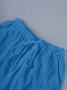 EMERY ROSE Plus Size Washed Cotton Cinched Waist Backpocket Button Decor Cropped Women Top - Blue - View 4