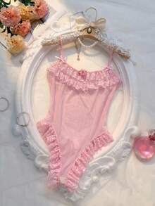 DAZY Lace & Mesh Patchwork Semi-Sheer Floral Decor Bodysuit, Fitted Spaghetti Strap Ruffle Trim Sexy Jumpsuit For Women - Pink - View 12