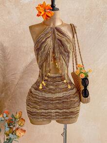 Soleia 女士毛衣连衣裙，吊带领，流苏饰边，扎染波浪图案 - 彩色 - 查看 1