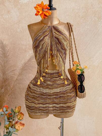 Soleia 女士毛衣连衣裙，吊带领，流苏饰边，扎染波浪图案