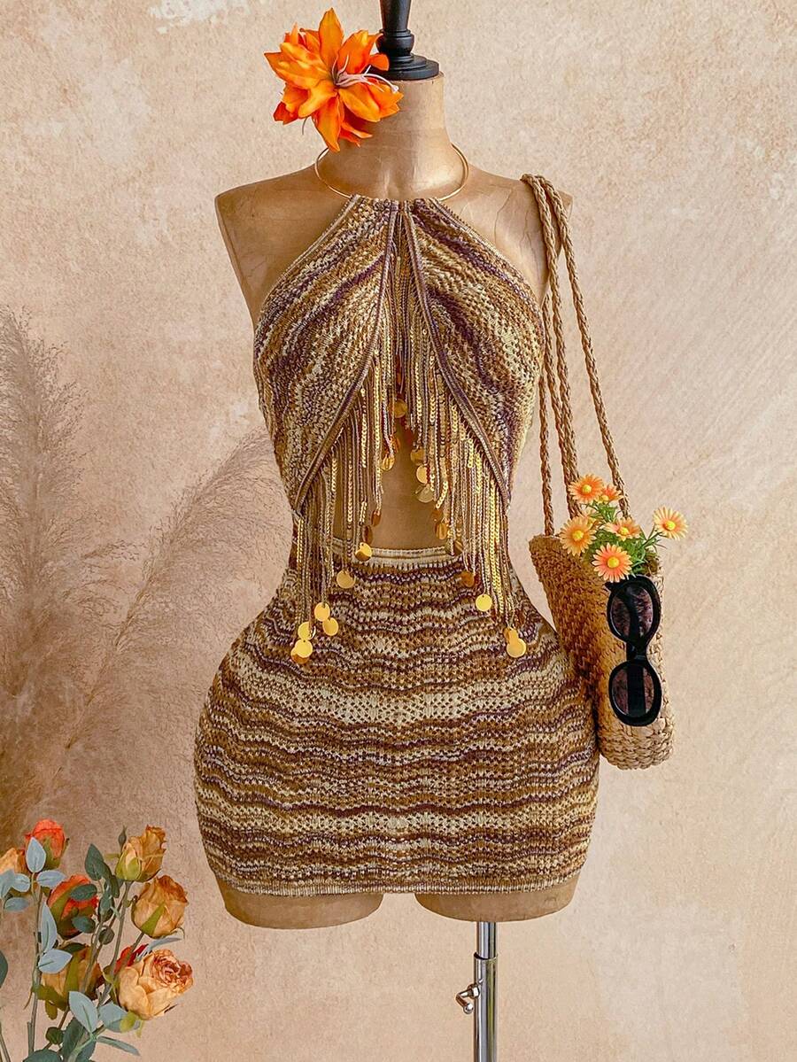 Soleia 女士毛衣连衣裙，吊带领，流苏饰边，扎染波浪图案 - 彩色 - 查看 1