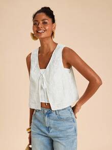 Travachic Women's Floral Embroidery Pattern Lace-Up Casual Versatile Daily Wear Top - White - View 4