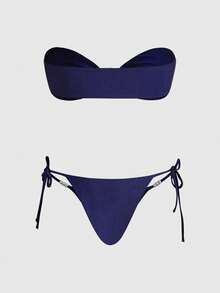 ROMWE Avant 2 pezzi Set da spiaggia di moda da donna, colore unito, top corto senza spalline e pantaloni con lacci laterali, decorazione con perle, elegante per San Valentino, festa in spiaggia, vacanza estiva, bikini sexy con schiena scoperta - Blu Navy - Visualizzare 2
