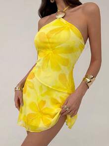 Aloruh Abito mini da donna con stampa floreale e collo a canottiera, stile vacanziero - Giallo chiaro - Visualizzare 5