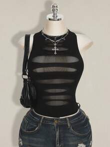 SHEIN ICON 女士纯色简约无袖背心，休闲日常穿着 - 黑色 - 查看 1