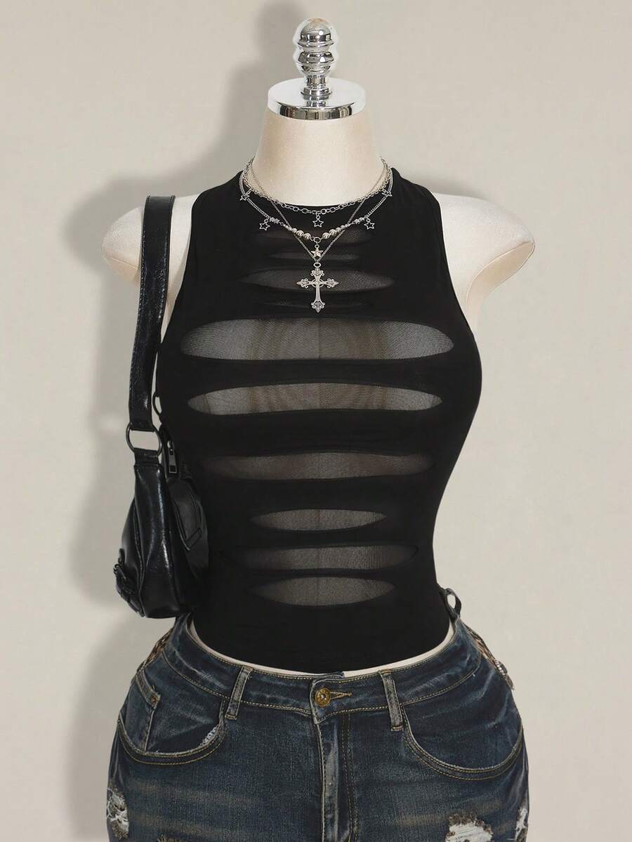 SHEIN ICON 女士纯色简约无袖背心,休闲日常穿着 - 黑色 - 查看 1