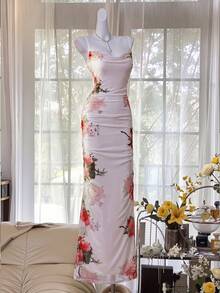 浪漫度假印花连衣裙，网纱材质 - 紅白色 - 查看 4