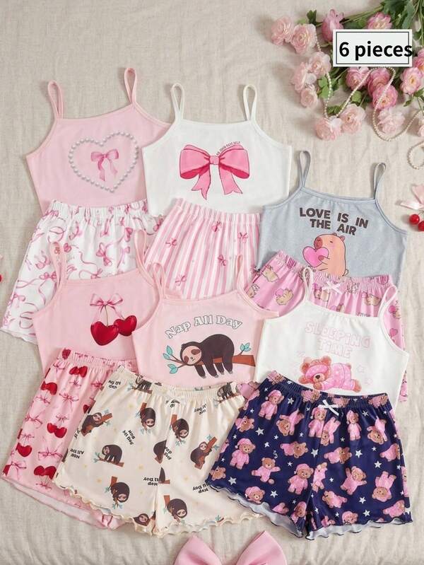 3件套女童夏季休闲舒适卡通爱心印花蝴蝶结樱桃装饰背心短裤睡衣套装，适合大龄女童