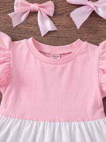 Emery Rose Kids Đầm dệt kim ôm sát, cổ tròn, viền bèo nhún, phối màu tương phản cho bé gái. - Màu Hồng baby - Xem 5