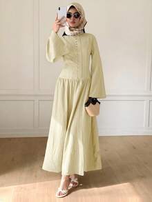 Solavon Women's Solid Color Pleated Casual Party & Travel Dress - Apricot - View 5