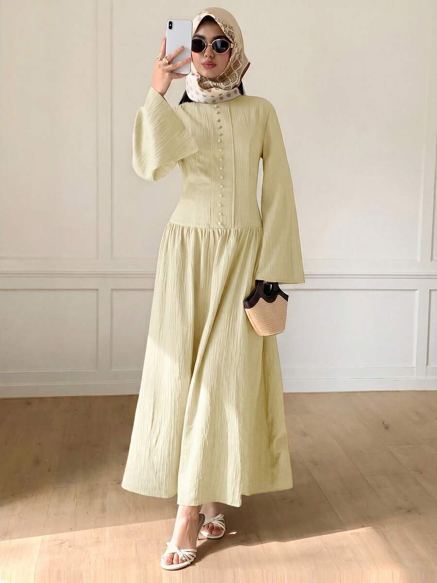 Solavon Women's Solid Color Pleated Casual Modest Elegant Party Vacation Travel Dress Fall