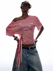 LYSMO Women's Summer Fashion Striped Rhinestone Letter Pattern Asymmetric Neck Tie T-Shirt - Red and White - View 7