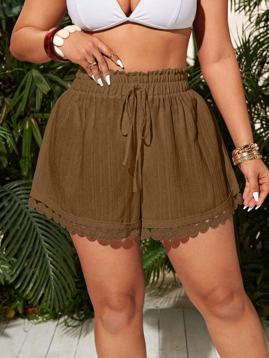 Swim Vcay Plus Size Loose Woven Shorts With Ruffle Hem - Brown - View 1