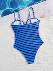 SHEIN Swim 女士新款条纹U领连体泳衣 - 藍色 - 查看 6