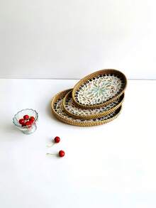 Handmade Natural Woven Rattan Seashell Shaped Tray Boho Decorative Jewelry Tea Storage Organizer Multipurpose Shell Tray For Bedroom Living Room Vanity - Yellow - View 3