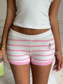 SHEIN CovetEZ Women's Cartoon Bear Embroidered Striped Knit Shorts - Pink - View 8