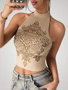 SHEIN ICON 女士时尚几何印花无袖度假背心 - 杏色 - 查看 1