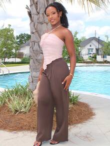 女士复古优雅提花卷边褶皱阔腿裤，秋冬 - 咖啡棕 - 查看 6