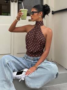 Muchica Pink And Brown Polka Dot Background Polka Dot Halter Neck Tank Top For Women,Summmer Top Party Elegent - Brown - View 6