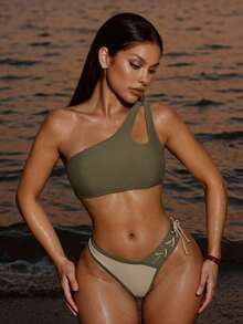 SHEIN Swim Asymmetric Neckline Hollow Out Solid Color Tied Holiday Style Summer Beach Bikini Set - Multicolor - View 3