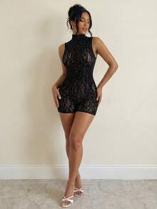 Sirith 2026新款女士黑色镂空针织弹力短款连体裤 - 黑色 - 查看 4