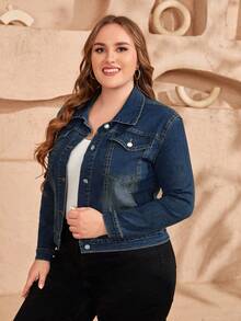 EMERY ROSE Plus Size Women Long Sleeve Single-Breasted Casual Denim Jacket - Dark Wash - View 3