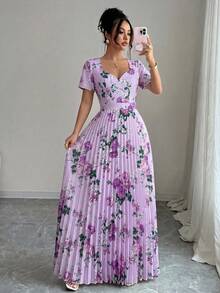 SHEIN Elenzya Đầm chữ A thanh lịch, lãng mạn với họa tiết hoa, xếp ly ở eo và cổ hình trái tim, thích hợp cho tiệc trà và dạo phố. - Nhiều màu - Xem 1