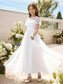 Glamorique Kids Elegant Netted Embroidered Chiffon Ruffle Sleeve Dress, Suitable For Weddings, Galas, Birthdays, Parties, All Seasons - Apricot - View 5