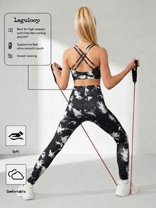 SHEIN Conjunto deportivo de top corto acanalado y malla de cintura alta con efecto tie-dye elástico y cómodo para niñas preadolescentes, adecuado para yoga y vuelta al colegio - Negro - Ver 6