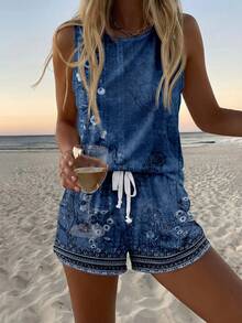 Women's Casual Round Neck Tank Top And Shorts 2 Pieces Set, Suitable For Summer - Blue - View 5