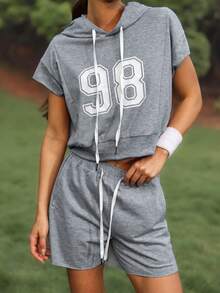 WanderVale 女士数字印花连帽短袖上衣和短裤套装 - 灰色 - 查看 6