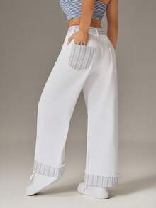 SHEIN PETITE 女士条纹口袋阔腿宽松休闲牛仔裤 - 彩色 - 查看 2