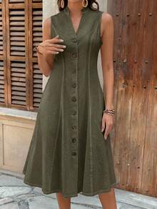 Faunlyn Women's Summer Geometric Pattern Print Round Neck Short-Sleeve Dress - Army Green - View 8