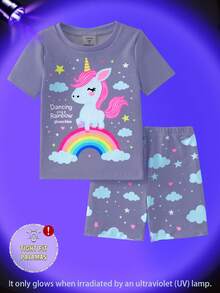 Young Girl' Navy Blue Cute Unicorn Print Short Sleeve Shorts 2 Pieces Pajama Set - Mauve Purple - View 4