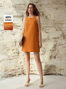 MOTF PREMIUM VESTIDO MINI DE CUELLO REDONDO SIN MANGAS DE LINO CON BORDADO DE CONCHA, PRIMAVERA/VERANO - Naranja - Ver 1