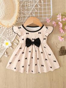SHEIN Baby GirlApricot & Black Polka Dot Bow Print Dress With Cute Bow Decor - Apricot - View 7