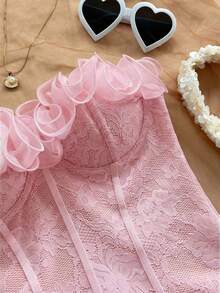 Soleia Ruffled Strapless Bodysuit For Women, Suitable For Vacation, Holiday, Party, Afternoon Tea, Music Festival, Beach, Summer Outfit, Boho, Crochet, Linen - Baby Pink - View 4