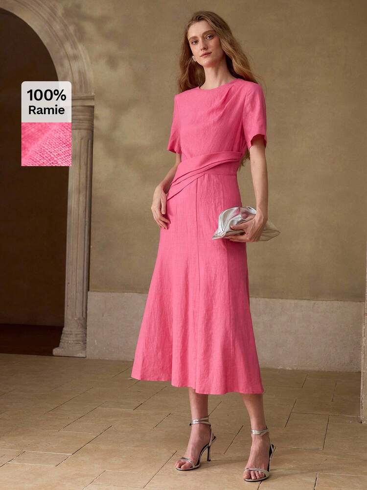 WOMEN'S 100% LINEN CASUAL & DATE ROUND NECK SHORT SLEEVE MIDI DRESS, SPRING/SUMMER