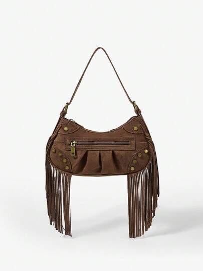 Viva Strut Ladies, Women Shoulder Bag, Hobo Bag, Suede, Suede Bag, Tassels, Zipper Design, Fashionable,  Personality, Simple, Versatile, Street, Sweet And Cool Girls, Hot Girls,Y2k, Retro, Rivets, Vintage, For Date,  Daily, Shopping, School, Music Festival