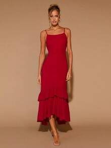 COSMINA Vestido largo de cuello redondo con volantes elegante para mujer, adecuado para citas, fiestas y todas las estaciones - Fiery Red - Ver 7