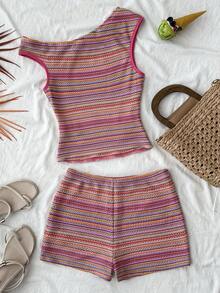 SHEIN Teen Girls Colorful Striped Crew Neck Tank Top Co-Ord Set, Casual Fashion - Brown - View 4