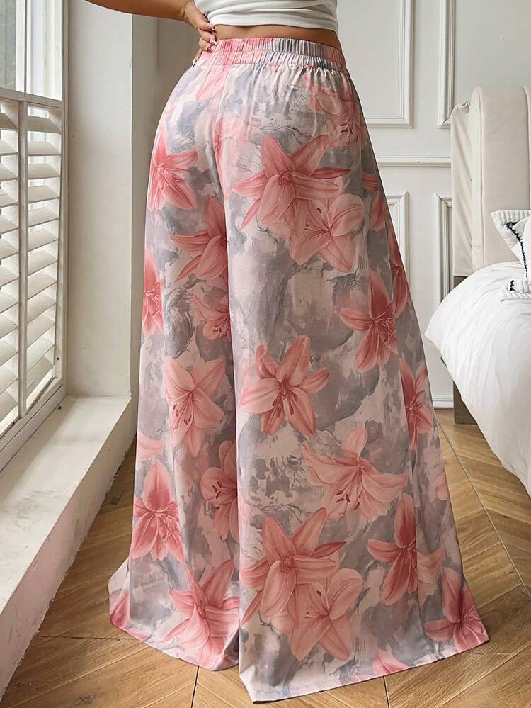 Dazy Plus Elegant Floral Print Loose Wide Leg Pajama Pants, Comfortable Home Wear For Women, Plus Size, All Season