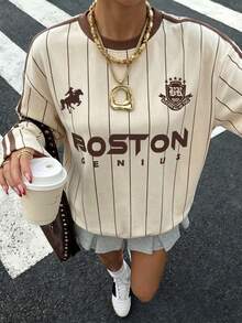 Muchica 女士休闲浅黄色圆领长袖卫衣，搭配撞色棕色领子和条纹袖子。马匹印花增添复古、学院风、经典、时尚、青春和街头潮流气息。面料顺滑舒适，是秋季的理想之选。 - 彩色 - 查看 6