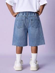 SHEIN Little Byeori 青少年男孩時尚休閒 Y2k 復古酷街頭鏤空破洞磨邊淺藍色前開孔寬鬆舒適牛仔短褲 日常穿搭 夏季至電音節慶典街頭風節慶日穿 - 藍色 - 查看 2